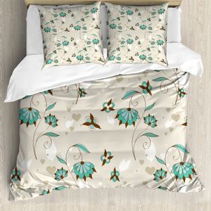 ABAKUHAUS Blumen Bettbezug, Romantisch Little Hearts, Milbensicher Allergiker geeignet mit Kissenbezügen, 200 cm x 200 cm - 80 x 80 cm, Türkis-Brown-Beige