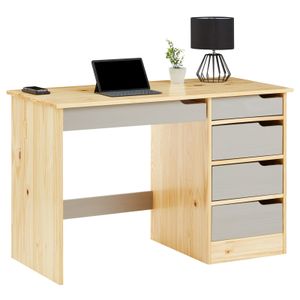 Schreibtisch HUGO aus massiver Kiefer in natur/grau, schöner Schülerschreibtisch mit 5 Schubladen, praktischer Bürotisch mit Querstrebe für Stabilität