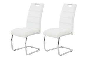 2er Set Esszimmerstuhl Flora - Bezug Kunstleder Weiß - Metallgestell verchromt - 120kg belastbar - Lehne mit Griff