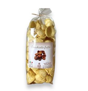 Frittierte Orecchiette Puglia, Snacks für Aperitifs, 120-g-Packung, trockene und herzhafte Nudeln zum sofortigen Verzehr, handwerklich hergestellte und traditionelle Nudeln, 100 % italienischer Weizen., klein