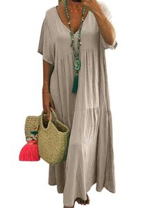 Damen Loses V-Ausschnitt Maxikleider Kurzarm Unregelmäßige Größe Lange Swing Kleid Khaki,Größe L