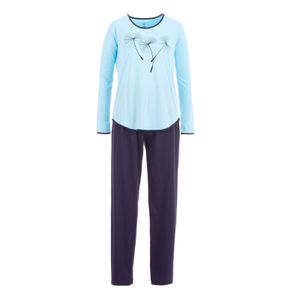 Damen Pyjama lang Baumwolle Schlafanzug, Größe:XL, Farbe:Blau