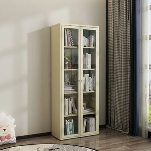 Vitrine Mango, Glas-Sideboard, Mehrzweckvitrine, Hängendes BÃ1/4cherregal mit GlastÃ1/4ren, 70x35 h180 cm, Sahne