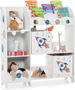 Voľne stojaca detská skriňa COSTWAY, 3-poschodový regál do detskej izby, organizér na hračky pre batoľatá s 5 priehradkami a 2 úložnými boxmi a 3 policami (Planetary Rocket)