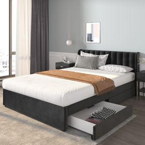 Merax Čalúnená posteľ 140x200 cm s lamelovým roštom a 2 zásuvkami, manželská posteľ Drevená funkčná posteľ Velvet, čierna