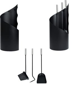 NAIZY Kaminbesteck Edelstahl Set 4-teiliges Kaminzubehör Kamingarnitur Modern, mit Gestell, Schaufel, Besen und Schürhakenfür, Schwarz