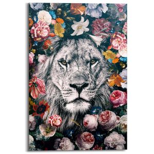 Wandbild Deco Panel Löwe Blumenkranz - Pflanzen - Farbenfroh