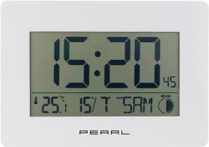 Digitale Funk-Wanduhr mit DCF-Funkempfang: Jumbo-Uhrzeit Temperaturanzeige Wecker Mondphase & Datums-Anzeige weiß Wanduhr Funkuhr groß - auch als Standuhr verwendbar