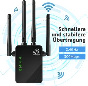7MAGIC WLAN Repeater Verstärker 300Mbit/s 2,4 GHz bis zu 250 m², WiFi Extender Booster mit WPS, Ethernet Port, Repeater/AP/Router Modus, Schwarz