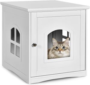 COSTWAY Cat House Litter Box s magnetickými dvířky, malý Pet House Cat Litter Box Wood, Cat Cabinet Pet House Pet House 49x53x53cm (bílý)