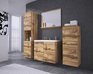 Minio, Badezimmer, Badmöbel 4-Teilig Set "MOLO", mit Waschbecken, Wotan Eiche Farbe