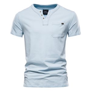 Männer Casual Einfarbig V-Ausschnitt T-Shirt Kurzarm Slim Fit Tasche Pullover Tops,Farbe: Hellblau,Größe:XL