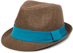 styleBREAKER Trilby Hut, leichter Papierhut mit kontrastfarbigem Zierband, Uni 04025002, Farbe:Braun / Türkis, Größe:S / M = 56 cm