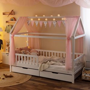 Alcube® Hausbett Deko-Set in Rosa für Hausbetten Kinderbetten I 3er-Set Baldachin, Wimpelkette und Lichterkette