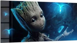DEQORI Küchenrückwand Glas 100x50 cm 'Niedlicher Baby Groot' Spritzschutz Bad Rückwand