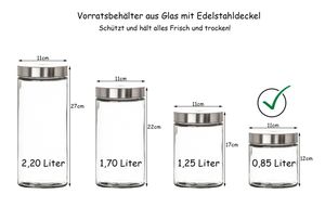 Vorratsgläser 4x 0,85 Liter Glas Schraubglas Lebensmittelglas Edelstahldeckel mit Schraubverschluss  12 x 11 cm Vorratsglas : 4 Stück : 0,85 L