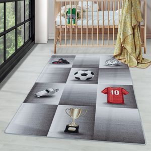 Kurzflor Kinderteppich Spielteppich Teppich Spiel Fussball Trikot Pokal Grau, Farbe:Grau, Grösse:140x200 cm