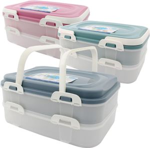Partybehälter, Kuchenbehälter, Lebensmitteltransportbox XL mit 2 Ebenen und klappbaren Griffen, Farbe: Blau