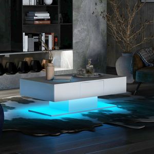 okwish Couchtisch für Wohnzimmer, Beistelltisch Moderner Holztisch mit LED-Leuchten, Kaffeetisch mit 2 Schubladen 100 * 60 * 35 cm, Weiß