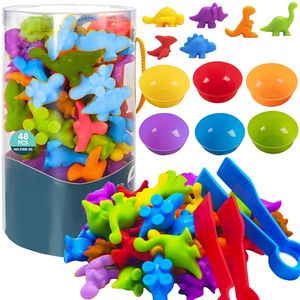 Dinosaurier Set 56 Elementen mit Bechern & Pinzetten Lernspielzeug ab 3 4 5 Jahre Zählen Farberkennung Montessori Tube 22496
