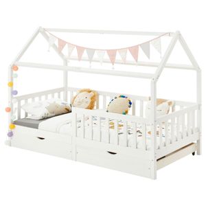 Hausbett NUNA aus massiver Kiefer, Montessori Bett in 90 x 200 cm mit Rausfallschutz, Spielbett mit Schubladen, modernes Kinderbett mit Dach in weiß