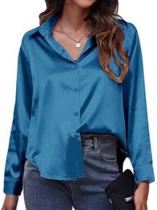 Damen Button Langarm Hemden Elegant Lässige Revers Langarmshirt Office Work Satin Blouse Blau, XL