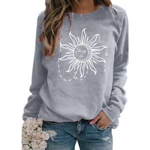 Damen Langarmshirt Sweatshirt Rundhals Sonne Print Pullover Casual Oberteile Winter Tops Grau,Größe:EU