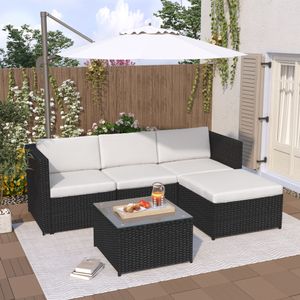 Merax 5-tlg. Polyrattan Lounge Gartenmöbel Lounge Set, Sitzgruppe mit Sofa, Tisch & Hocker, Gartenlounge für 3-4 Personen, Schwarz