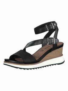 Tamaris Damen Sommer Sandaletten mit Keilabsatz und verstellbare Lederriemen mit metallic schwarzen Schnallen Farbe: Schwarz Größe: 40 EU