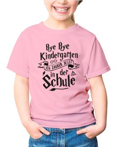 Kinder T-Shirt Mädchen Bye Bye Kindergarten ich zaubere jetzt in der Schule Geschenk zur Einschulung Schulanfang Moonworks® rosa-schwarz 122-128 (7-8 Jahre)