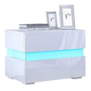 Nachttisch Couchtisch Nachtschrank Kommode LED Beleuchtung Hochglanz Weiß in Front mit 2 Schubladen 45x60x39cm