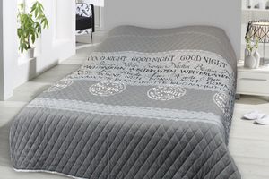 Tagesdecke 240x220 cm Bettüberwurf Sofaüberwurf Doppelbett gesteppt wattiert silber schwarz Schriftzüge