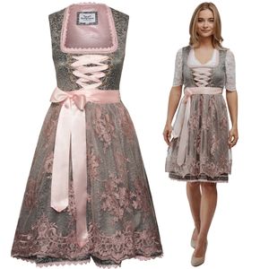 HOFGLANZ® Traditionelles Dirndl Damen [GRAU & ROSA / Größe 50] - Hochwertiges 2-teiliges Trachtenkleid Damen mit eleganter Dirndlschürze - Trachten