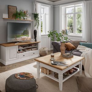 Wohnmöbel Set weiß ESBJERG-69 Landhausstil in Kiefer weiß lackiert mit Eiche massiv 3-teilig