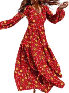 Damen Maxikleider Floral Print Sommerkleid Lockeres Lässig Langarm Langes Kleid Rot,Größe M
