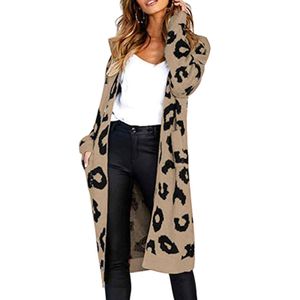 Damen Leoparden Langarm Pullover Casual Cardigan Lange Lässige Jacke Weste Outwear Strickjacke mit Taschen Khaki,Größe:M