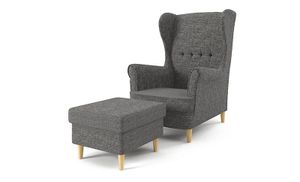 Ohrensessel Milo mit Hocker - Farben zur Auswahl -Sessel für Wohnzimmer & Esszimmer Skandinavisch - Relax Sessel aus Webstoff - FARBE: DUNKELGRAU