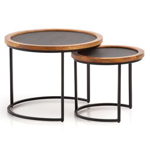 WOHNLING Couchtisch 2er Set Mango Massivholz / Steinoptik Wohnzimmertisch Rund, Satztisch mit Metallgestell, Kaffeetisch Modern, Sofatisch Verschachtelungstisch 2-teilig Braun / Anthrazit