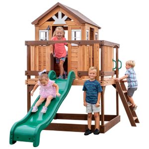 Backyard Discover Spielhaus Echo Heights mit grüner Rutsche, Sandkasten & Veranda | Stelzenhaus in Braun aus Holz für Kinder | Spielturm für den Garten