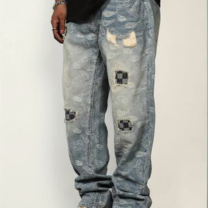 Loose Fit Paisley-Muster-Patchwork-Jeans für Herren, lässig, Street-Style, gerades Bein
