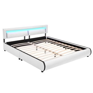 Juskys Polsterbett Murcia 180 x 200 cm – Bett mit LED, Lattenrost, Kopfteil & Kunstleder – Bettgestell gepolstert, gemütlich & modern - weiß