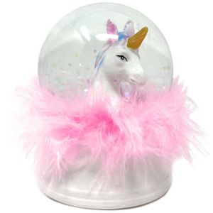 Schneekugel Einhorn Kopf mit Glitzer - Schüttelkugel aus Glas | Dekofigur Unicorn mit LED Licht, Glitter & Federn in Pink | Deko Pferd Kugel Snowglobe Höhe 9 cm