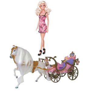 Mattel Barbie Puppe Blond SCHWARZE Schuhe + Prinzessinnen Kutsche Pferd Licht