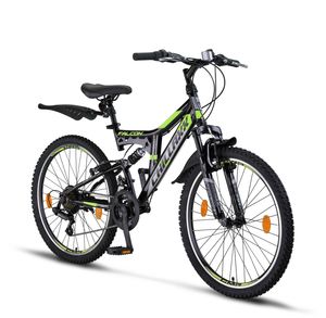 Chillaxx Bike Falcon Premium Mountainbike in 24 und 26 Zoll - Fahrrad für Jungen, Mädchen, Damen und Herren - Scheibenbremse- 21 Gang-Schaltung - Vollfederung, Farbe:Schwarz-Lime V-Bremse, Größe:24 Zoll
