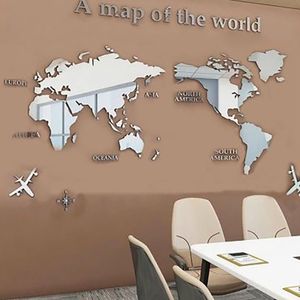 Akrylové samolepky na zeď 3D mapa světa Zrcadlová samolepka pro kancelář Studie Obývací pokoj Ložnice Stříbrná