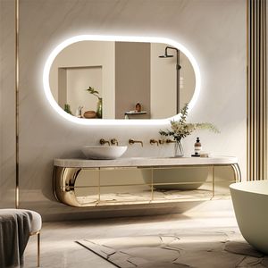 WISFOR LED koupelnové zrcadlo oválné, 50×100 cm nástěnné zrcadlo s dotykovým spínačem, stmívatelné proti zamlžování pro koupelnu a ložnici, 3 barvy světla, IP56, úspora energie