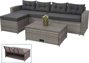 Poly-Rattan Garnitur MCW-J34, Balkon-/Garten-/Lounge-Set Sitzgruppe Sofa, Staufach  grau, Kissen dunkelgrau