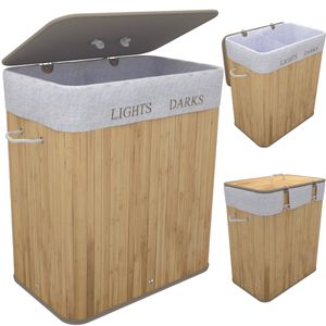 TOSANEO Bambus Wäschebox 100-Liter faltbarer Wäschekorb mit 2 Fächern Wäschesammler mit Deckel Wäschetruhe mit großem Fassungsvermögen Natur