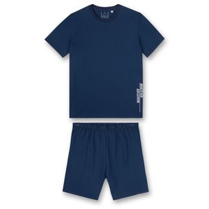 Sanetta Jungen Schlafanzug - Pyjama, Baumwolle, Rundhals, Schriftzug, einfarbig, kurz Blau 140