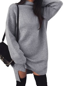 Damen locker elastischen High Neck Split Kleid Pullover Kleid Strickrock,Farbe: Grau,Größe:M